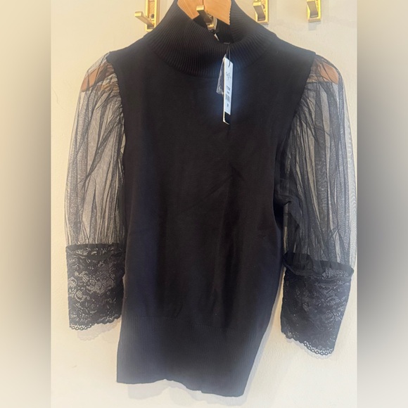 NWT Gracia Black Mock Neck Top Sheer Mesh Puff Sleeve Lace Cuff M - Picture 4 of 7